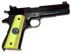 1911 45 ACP w/Department of Army medallion on yellow smooth grips